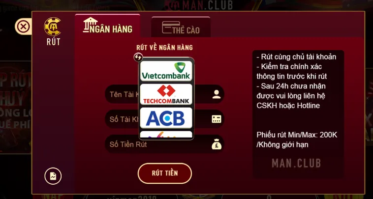 Hỗ trợ tất cả ngân hàng Việt Nam, ví điện tử Momo, ZaloPay, Viettel Money. Rút tiền về tài khoản chỉ từ 1-5 phút, không phí ẩn, không giới hạn